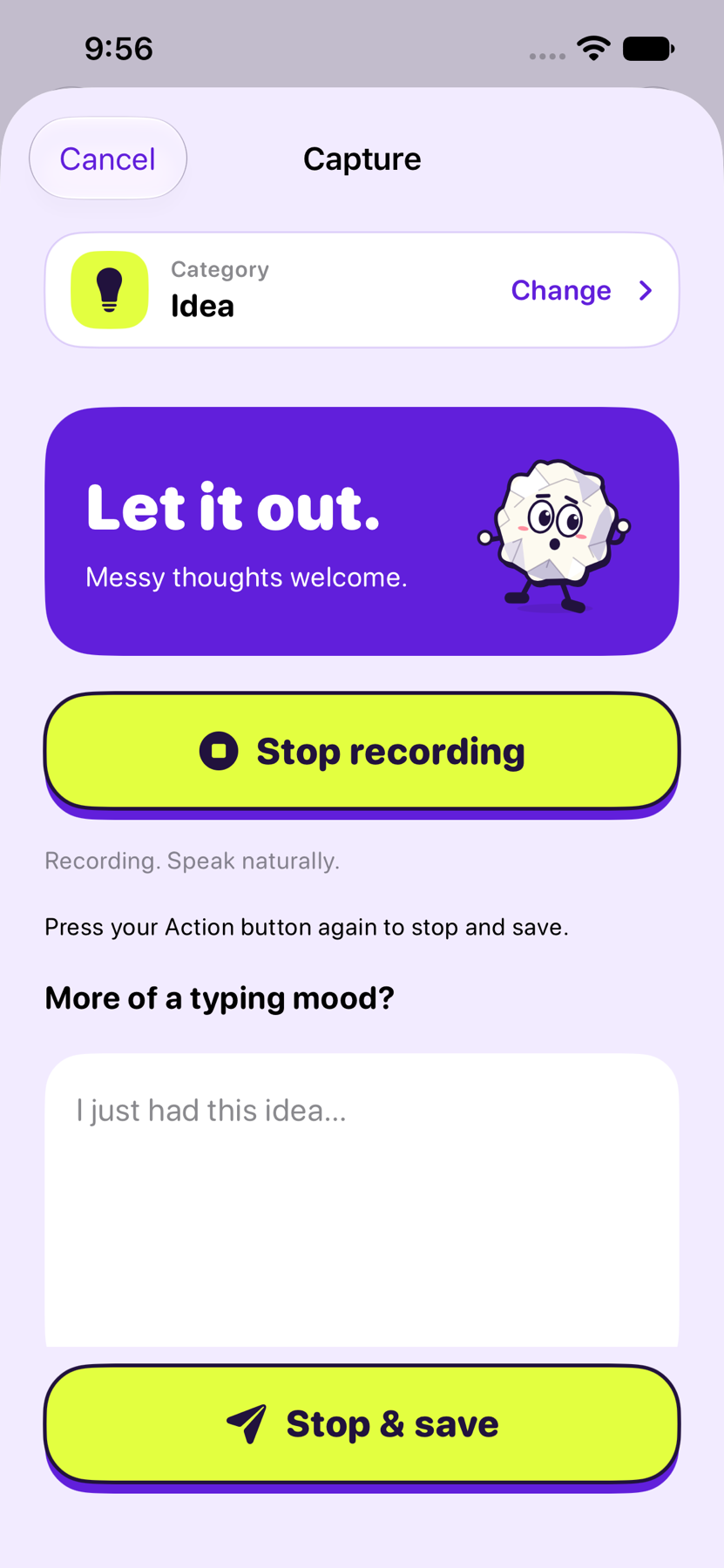 Spitball recording screen with Pip, an Idea category, and Stop and save button.